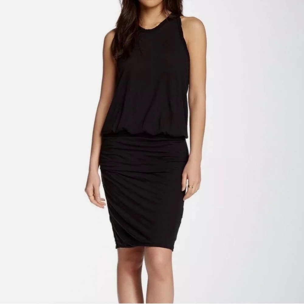 James Perse Ruched Blouson Dress Women 3 (Large) Black Sleeveless Cotton Stretch